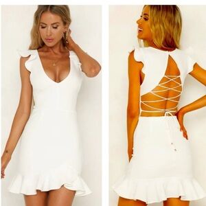 NWT Hello Molly Ruffle Lace Up Corset Strappy Back White Mini Dress